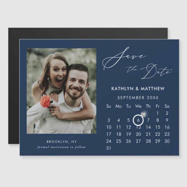 Modern Blue Elegant Script Photo Save The Date Magnetic Invitation (Creator Uploaded)