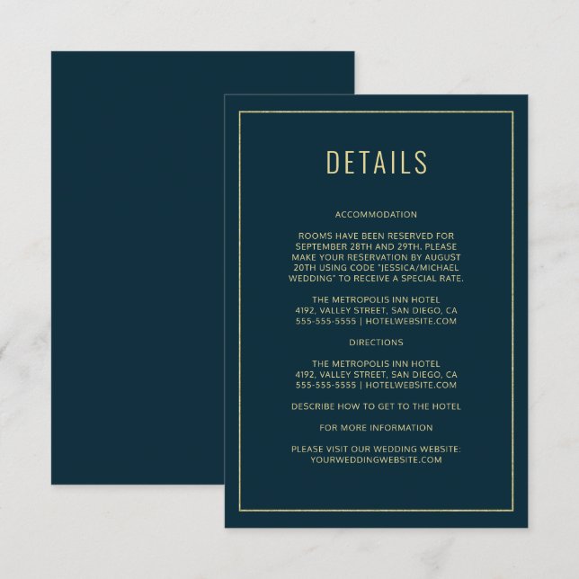 Modern Blue Elegant Simple Wedding Details Card (Front/Back)