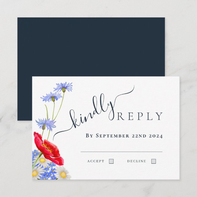 Modern Blue Elegant Summer Floral Wedding RSVP Card (Front/Back)