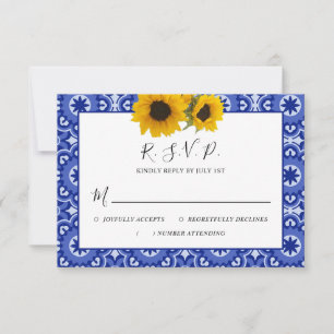 Modern Blue Elegant Vintage Sunflower Wedding RSVP Card