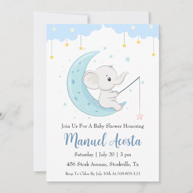 modern blue elephant baby shower invitations (Front)