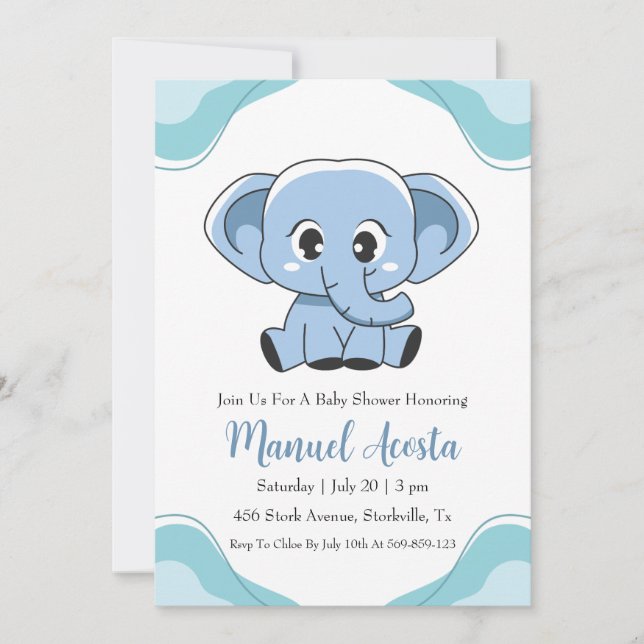 modern blue elephant baby shower invitations (Front)