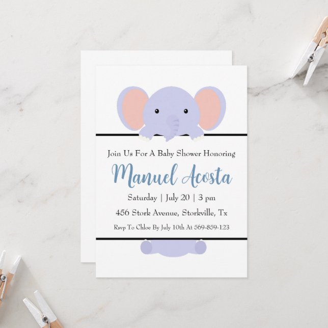modern blue elephant baby shower invitations (Front/Back In Situ)