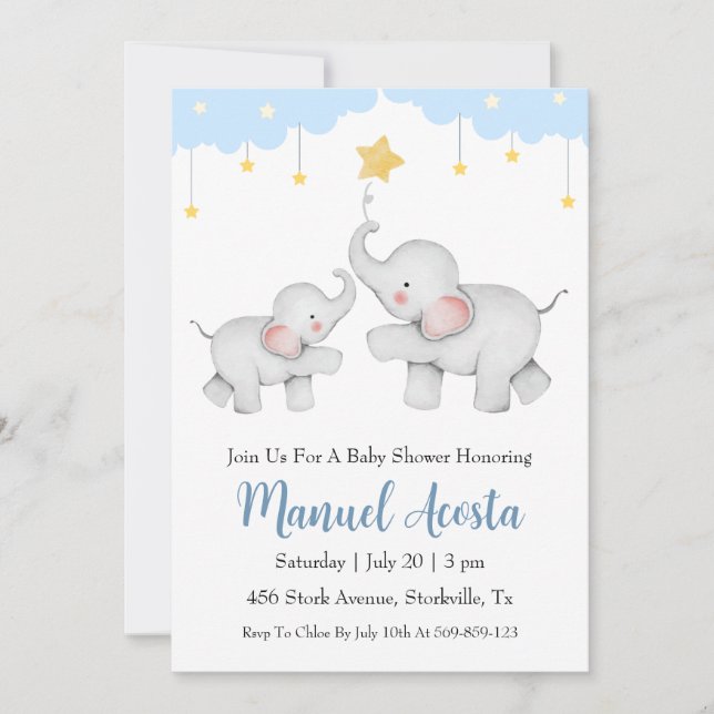 modern blue elephant baby shower invitations (Front)
