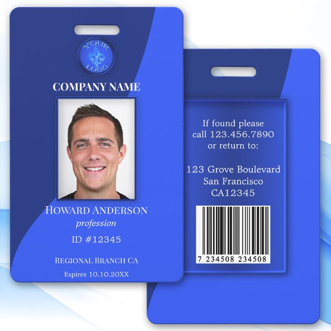Modern Blue Employee Photo ID Badge (Modern blue design photo ID badge with space for your custom photo, logo, QR code or bar code)