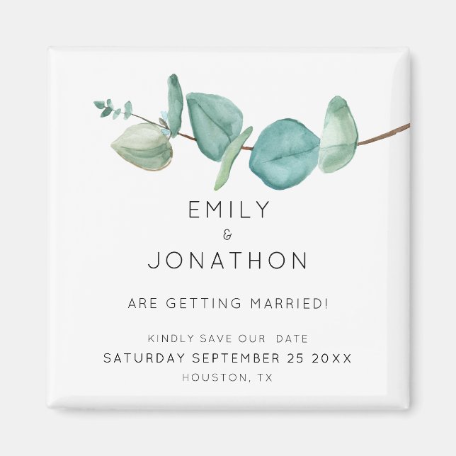 Modern Blue Eucalyptus Leaves Save The Date Magnet (Front)