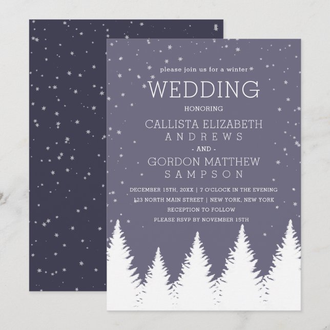 Modern Blue Falling Snow Winter Trees Wedding Invitation (Front/Back)