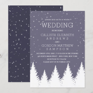 Modern Blue Falling Snow Winter Trees Wedding Invitation