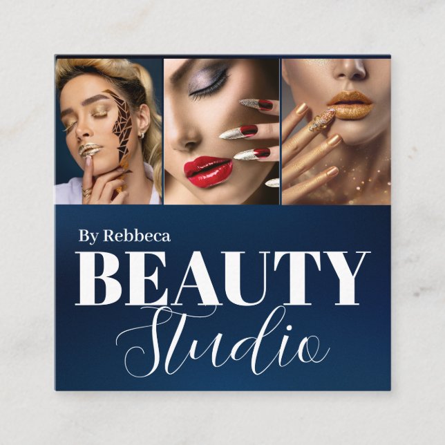 Modern blue fashion stylist signature 3 photo  square business card (Front)