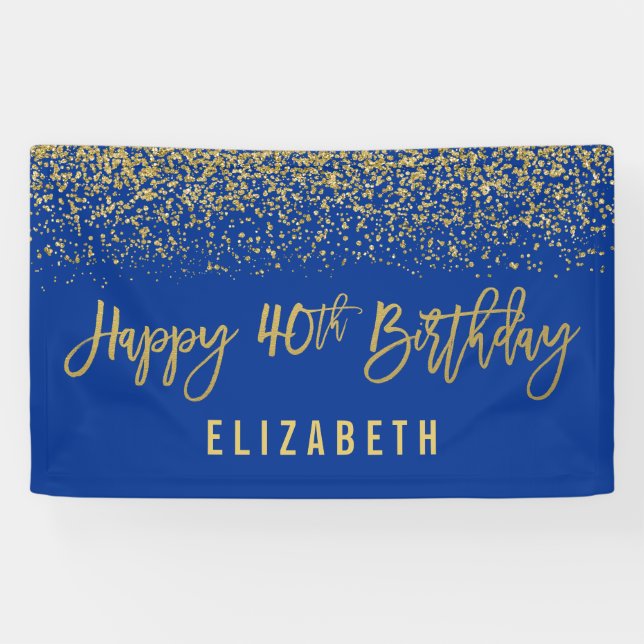 Modern Blue Faux Gold Glitter 40th Birthday Banner (Horizontal)