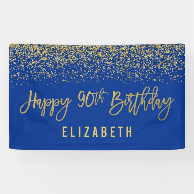 Modern Blue Faux Gold Glitter 90th Birthday Banner (Horizontal)