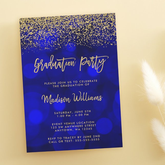 Modern Blue Faux Gold Glitter Graduation Party Invitation (Creator Uploaded)