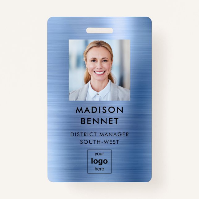 Modern Blue Faux Metallic Corporate Photo ID Badge (Front)