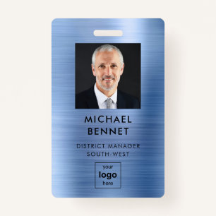 Modern Blue Faux Metallic Corporate Photo ID ID Badge