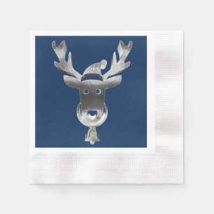 Modern Blue Faux Silver Grey Reindeer Christmas Napkin