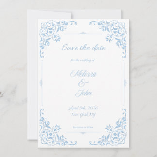 Modern Blue Filigree French Country Save the Date Invitation