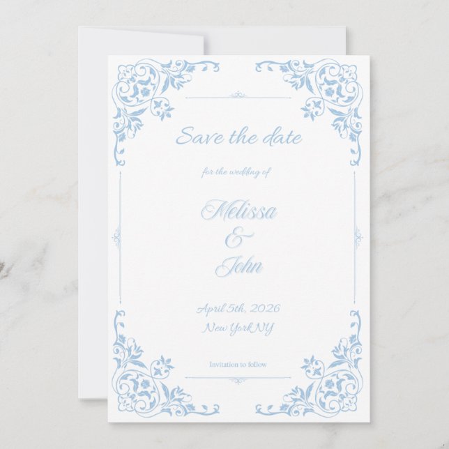 Modern Blue Filigree French Country Save the Date Invitation (Front)
