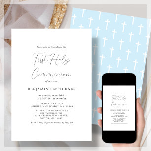 Modern Blue First Holy Communion Invitation