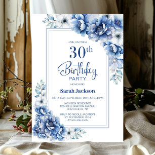 Modern Blue Floral 30th Birthday Party Invitation
