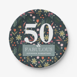 Modern Blue Floral 50 and Fabulous Birthday Paper  Paper Plate