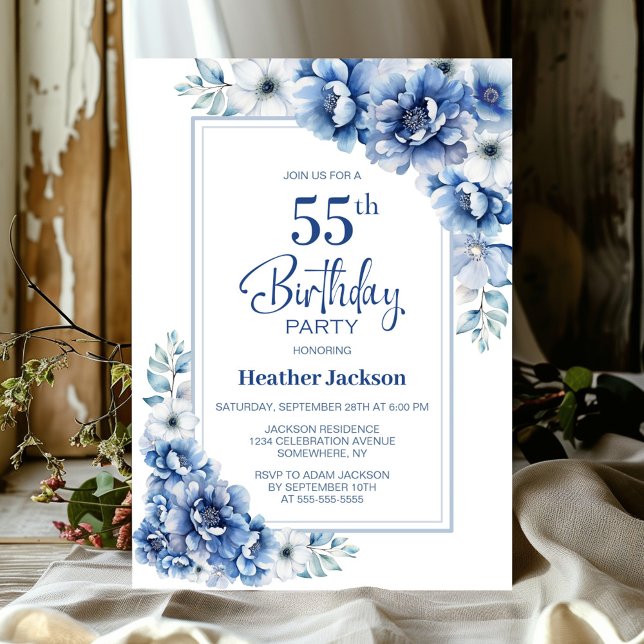 Modern Blue Floral 55th Birthday Party Invitation (Creator Uploaded)