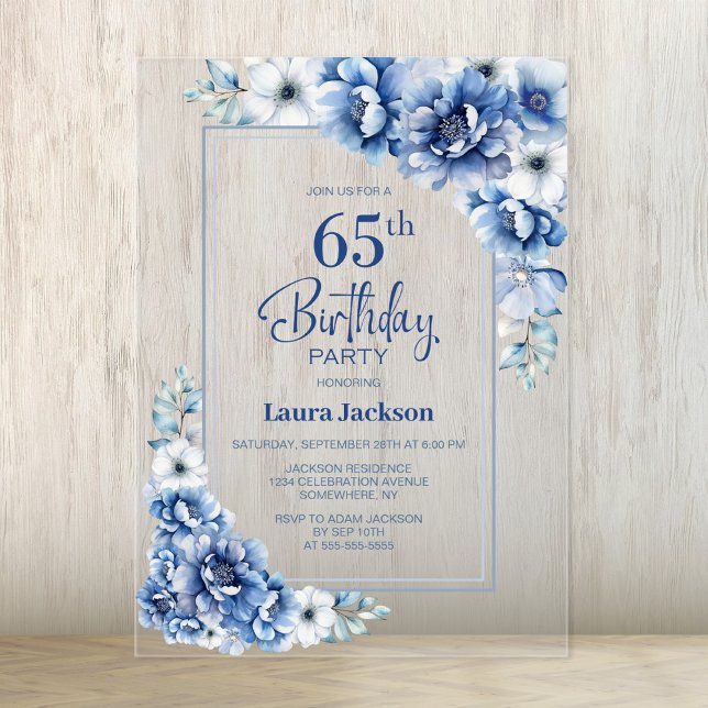 Modern Blue Floral 65th Birthday Party Acrylic Invitations (Creator Uploaded)