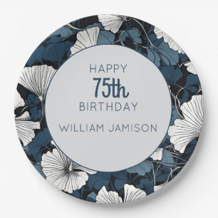 Modern Blue Floral 75th Birthday Party  Paper Plate