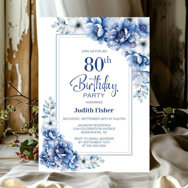 Modern Blue Floral 80th Birthday Party Invitation (Creator Uploaded)
