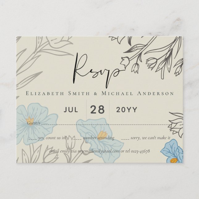 Modern Blue Floral Abstract Wedding RSVP Postcard (Front)