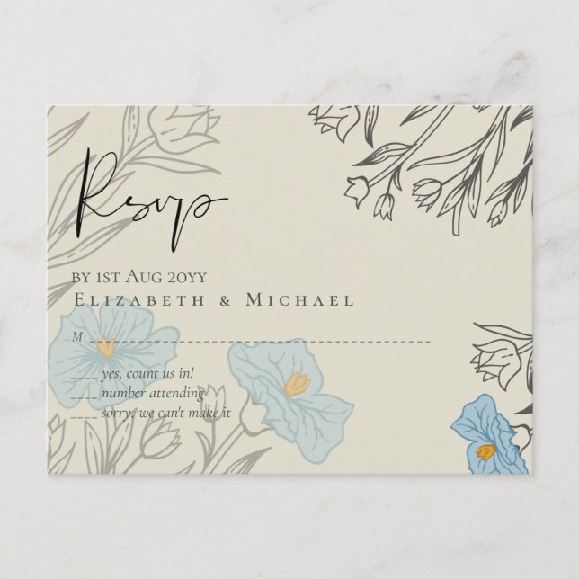 Modern Blue Floral Abstract Wedding RSVP Postcard (Front)