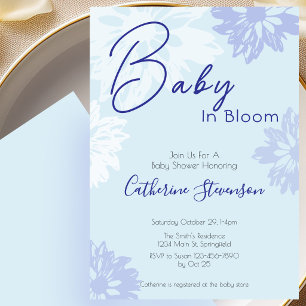 Modern Blue Floral Baby In Bloom Baby Shower Invitation