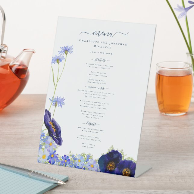 Modern Blue Floral Boho Wedding Menu Pedestal Sign (In SItu)