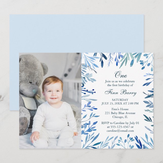 Modern Blue Floral Boy 1st Birthday Photo Invitation (Front/Back)