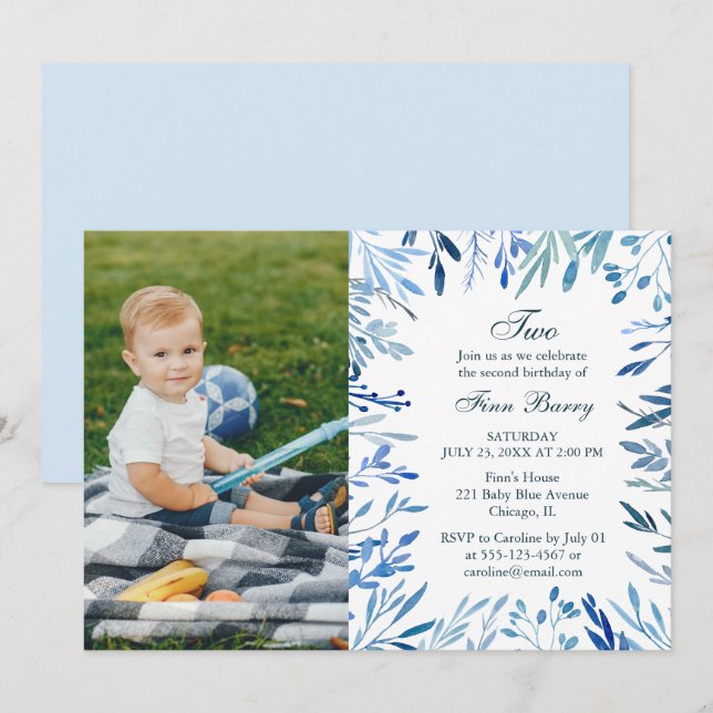 Modern Blue Floral Boy 2nd Birthday Photo Invitation (Front/Back)