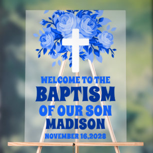 Modern Blue Floral Boy Baptism Welcome Frosted Acrylic Sign