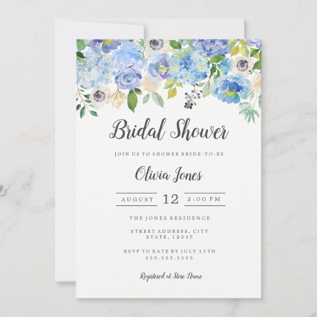 Modern Blue Floral Bridal Shower Card (Front)