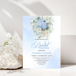Modern Blue Floral Bridal Shower Gold Invitation