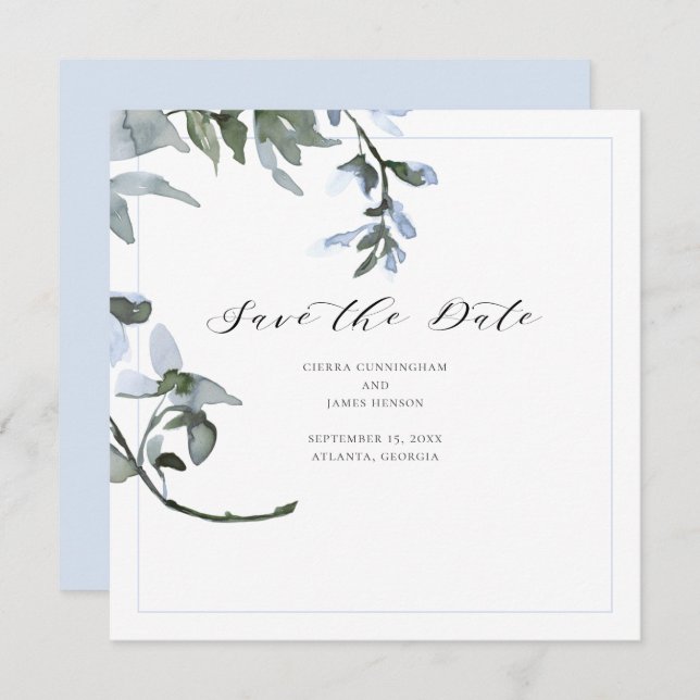 Modern Blue Floral Calligraphy Save the Date Card (Front/Back)