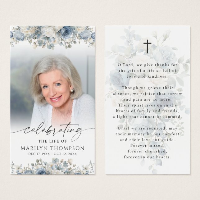 Modern Blue Floral Cross Prayer Card (Front & Back)
