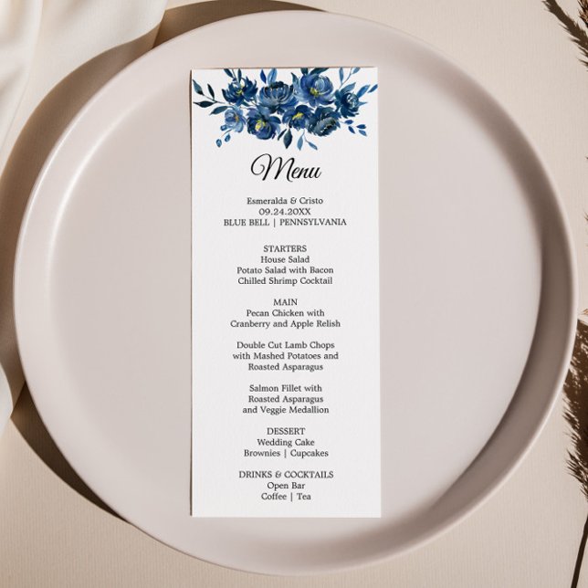 Modern Blue Floral Dinner Menu Card (Creator Uploaded)
