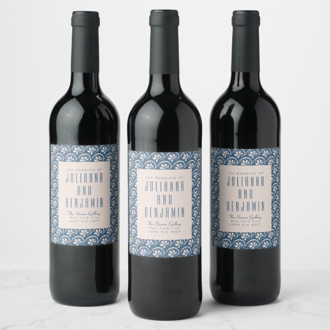 Modern Blue Floral Elegant Custom Wedding Wine Label (Bottles)