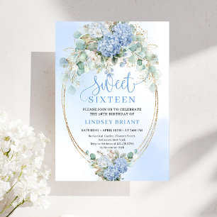 Modern Blue Floral Eucalyptus Gold Sweet 16 Invite