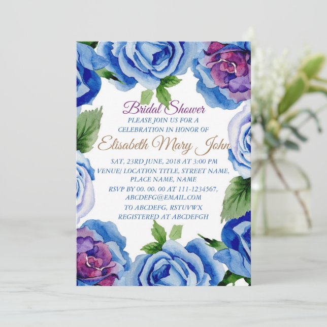 Modern Blue Floral Frame Bridal Shower Invitation (Standing Front)
