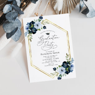 modern blue floral frame graduation party invitation