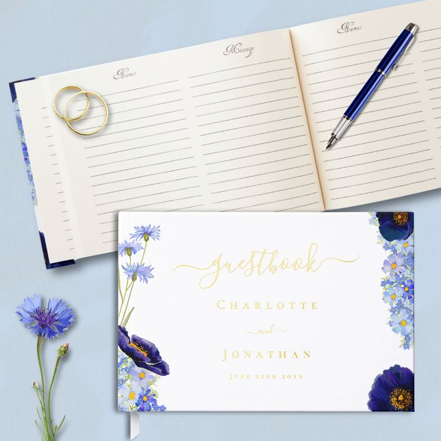 Modern Blue Floral Gold foil Wedding Guest Book (Modern blue floral gold foil wedding guest book  watercolor wildflowers stylish typography script)