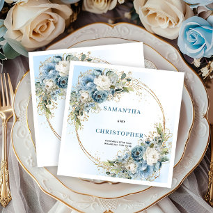 Modern Blue Floral Gold Glitter Wedding Napkins