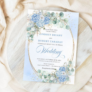 Modern Blue Floral Gold Oval Wedding Invite