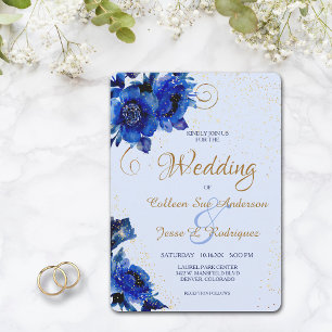 Modern Blue Floral Gold Swirl Wedding Invitation