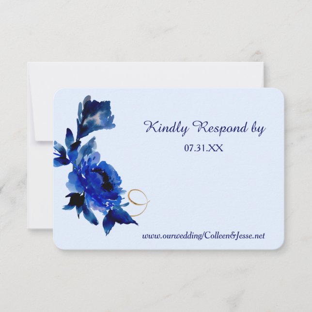 Modern Blue Floral Gold Swirl Wedding RSVP Card (Front)