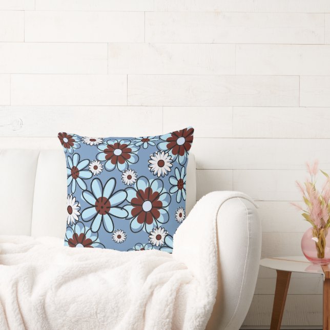 Modern Blue Floral Illustration Throw Pillow (Couch)